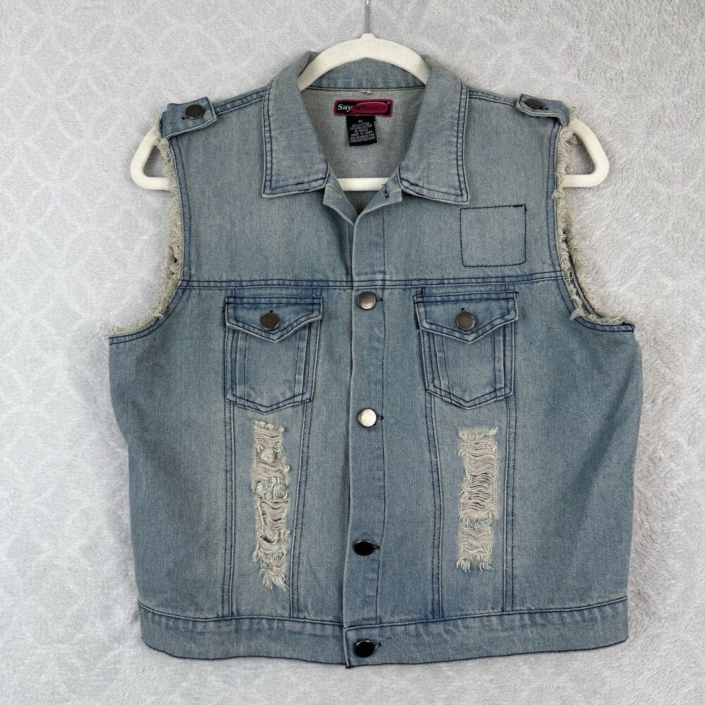 Y2K Denim Vest Women Medium Sleeveless Jacket Frayed Emo Grunge Festival Trucker